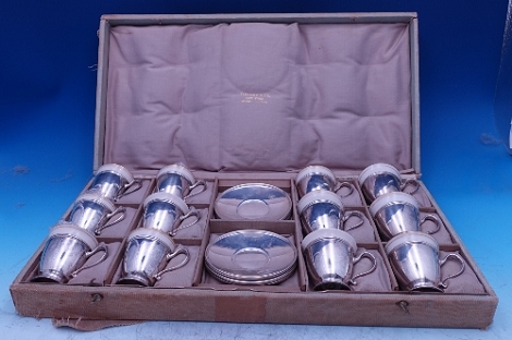 Demitasse Set in original fitted case, 12 sterling cups and saucers  w/ Lenox - Tiffany liners  sku#2692-h-m - Tiffany - Pattern Unknown by Tiffany - Sterling - With Monogram